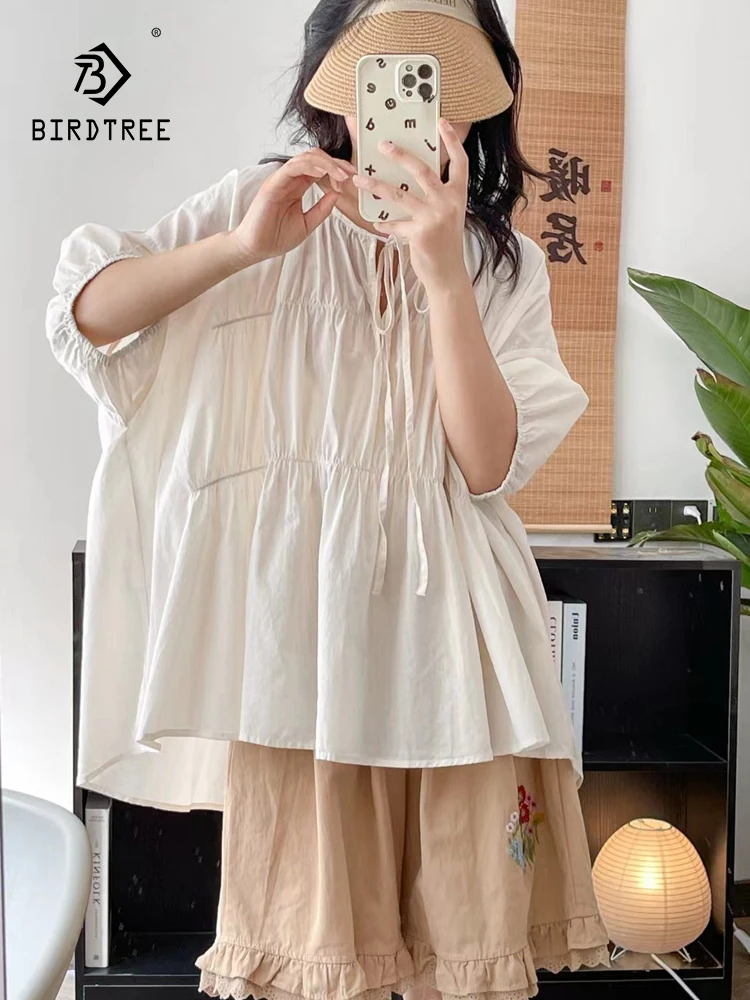 

New 2025 Summer Cotton Short Sleeve Shirt, Women O Neck Solid Lace-up, Mori Girl French Retro Sweet Loose Doll Blouse T57017CC