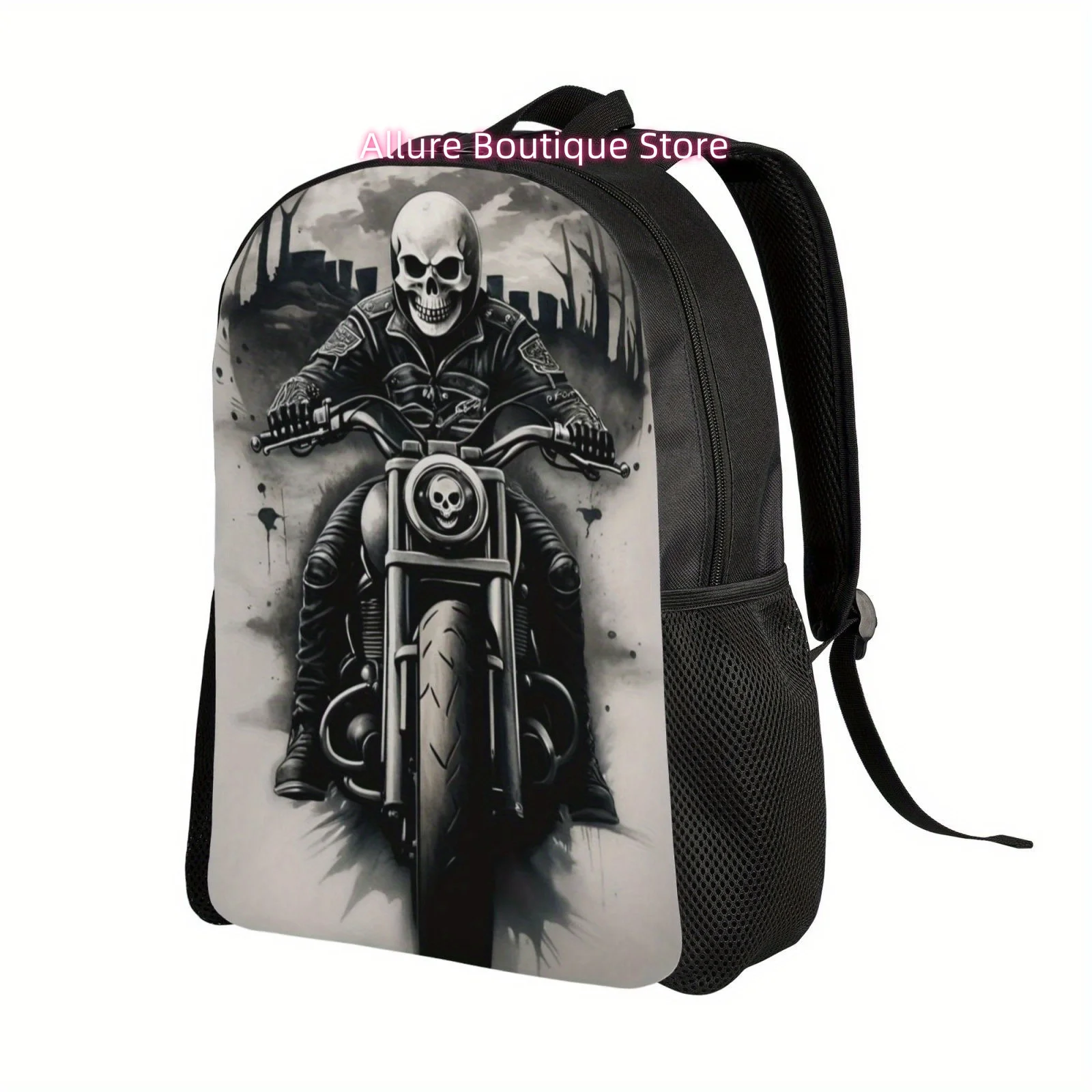 Skeleton Motorcyclist Lightweight Backpack, Large Capacity for Laptop & Books, Adjustable Straps, Perfect for Work, Travel & Col