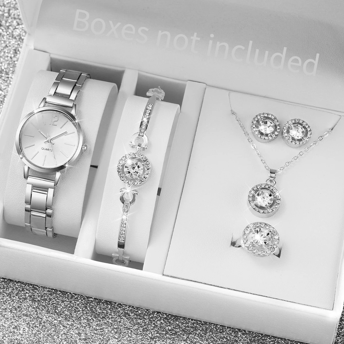 6PCS/Set Women Watches Fashion Stainless Steel Band Quartz Watch Diamond Jewelry（Without Box）