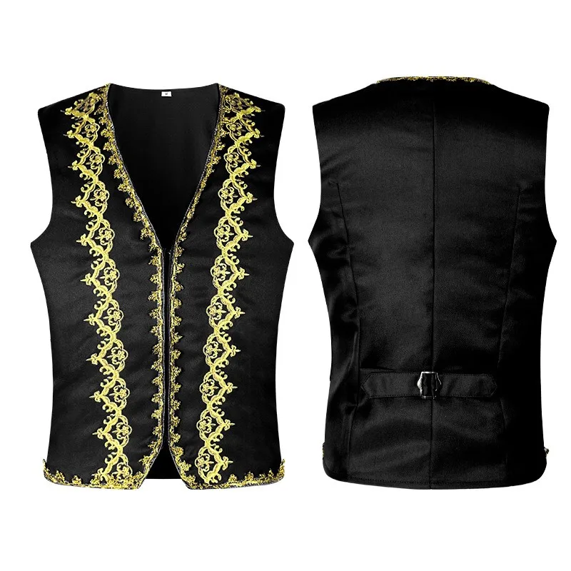 Men's European Style Gold Embellished Formal Vest Court Costume Studio Halloween Opera Stage Performance Gentleman's Waistcoat