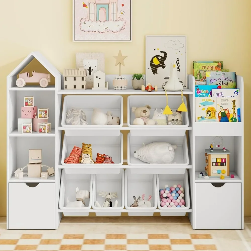 8 Removable Toy Bins, 4-Tier Toy Storage Organizers W/4 Storage Cubbies, Kids Bookshelf 2 Toy Storage Box on Wheels for Playroom