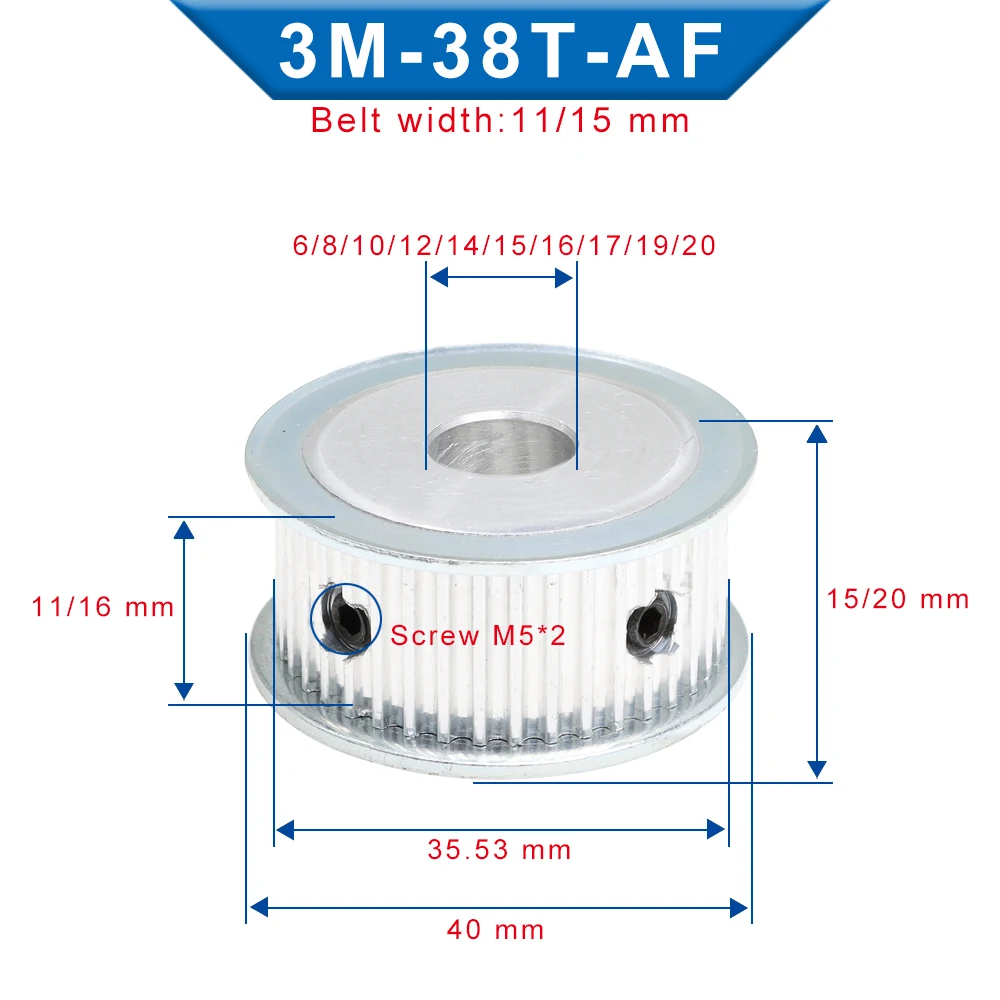 3M-38T Pulley Wheel AF Shape Inner Bore 6/8/10/12/14/15/16/17/19/20 mm Aluminum pulley For 3M Timing Belt Width 10/15 mm