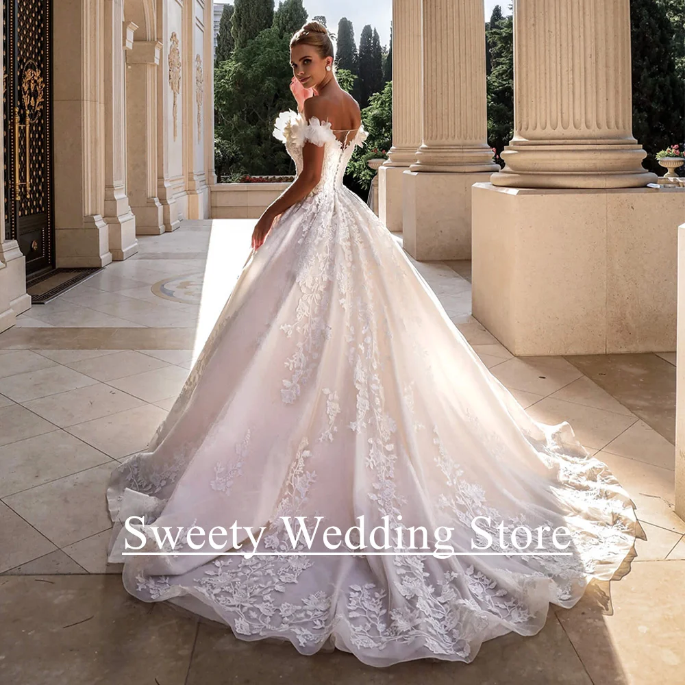 Princess Wedding Dress Customized Off The Shoulder Deep V Neck Flowers Sequined Applique A Line Court Train Bridal Gown