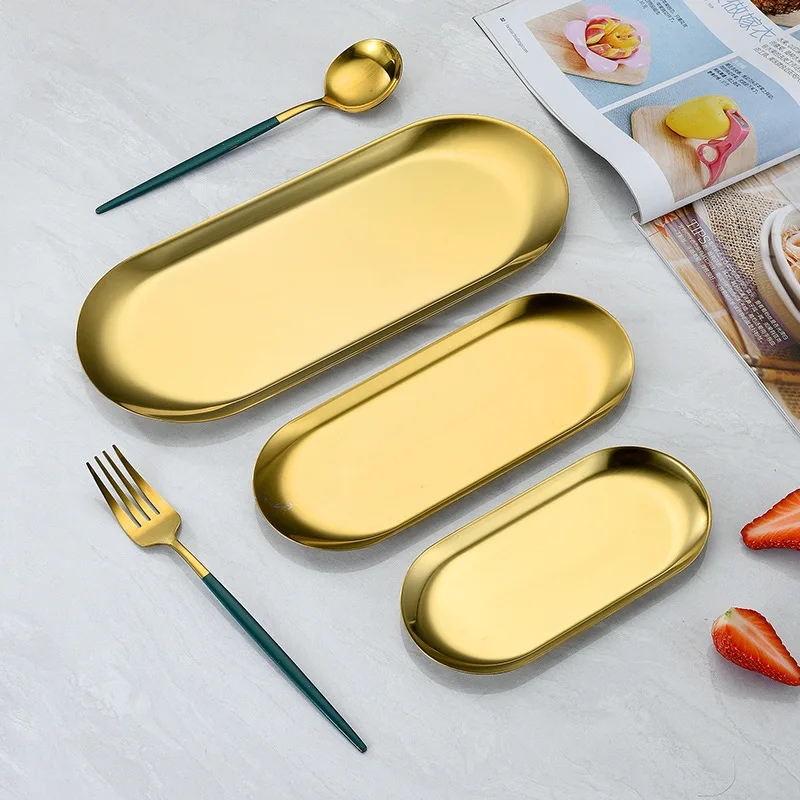 1pc Gold Tray Kitchen Storage Tray Chic Stainless Steel Oval Plate Food Fruit Charge Plates Jewelry Display Tray Home Decor