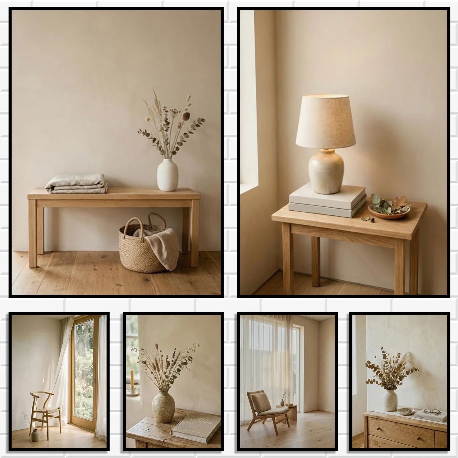 Wabi Sabi Interior Scene Wall Art Print Set, Neutral Beige Rustic Home Dried Flower Wooden Furniture Canvas Poster Home Decor
