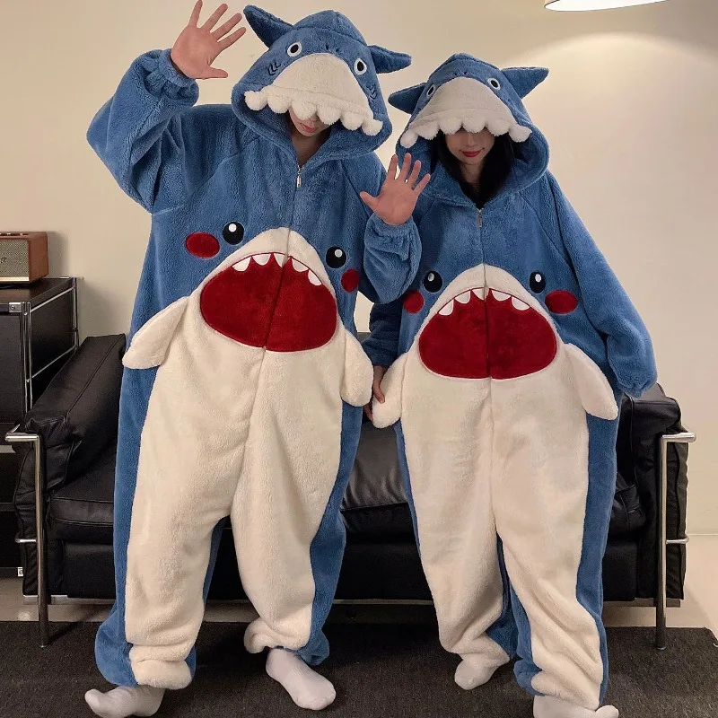 

Cartoon Shark Onesie Pajamas Couples Winter Plush Warm Sleepwear Hooded Homewear Pijama Cute Animal Cosplay Adult Robe Nightwear
