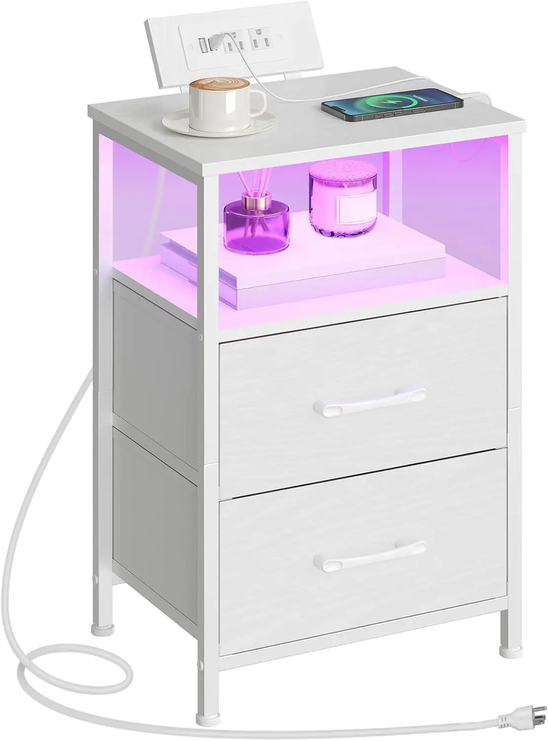 

Тумбочка с зарядной станцией, светодиодная подсветка, 2 тканевых ящика, 2 розетки переменного тока, USB-порт, небольшая прикроватная тумбочка, белый
