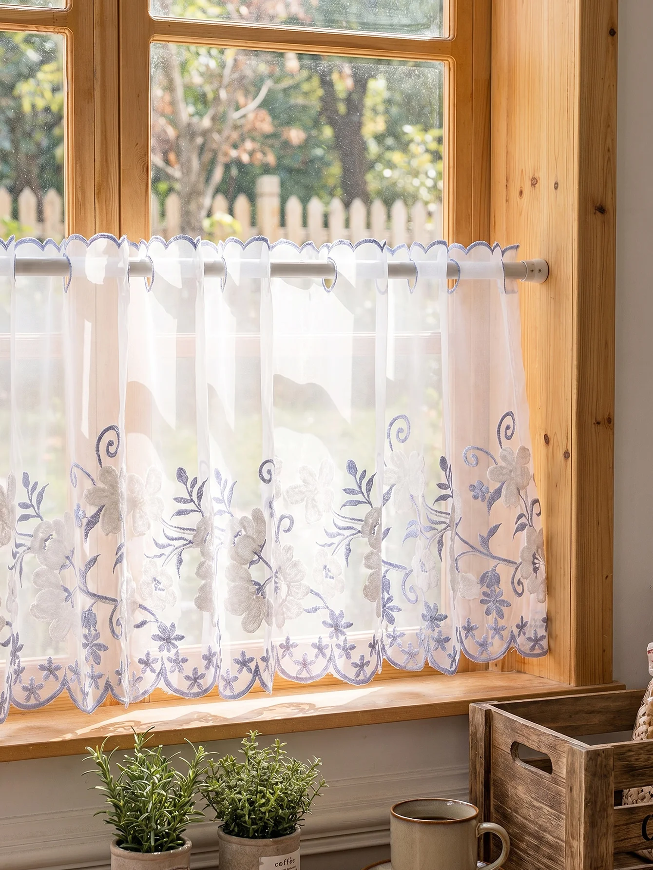 Vintage Blue Flower Embroidered Sheer Valance, Grommet Short Kitchen Curtain, Boho Farmhouse Window Decor