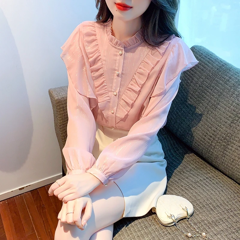 Stand-Neck Ruffle-Sleeve Metallic Chiffon Shirts Women's Button-Front Blue Pink White Blouses Korean Style Elegant Office Top