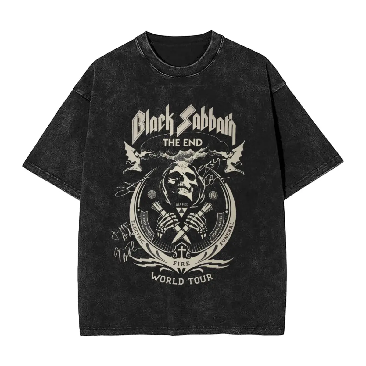 Harajuku 100% Baumwolle Oversize-T-Shirt, Herren Kurzarm-T-Shirts, Schwarzes und Metal-Rock-Band-Sommer-Loose-Washed-Top-T-Shirt