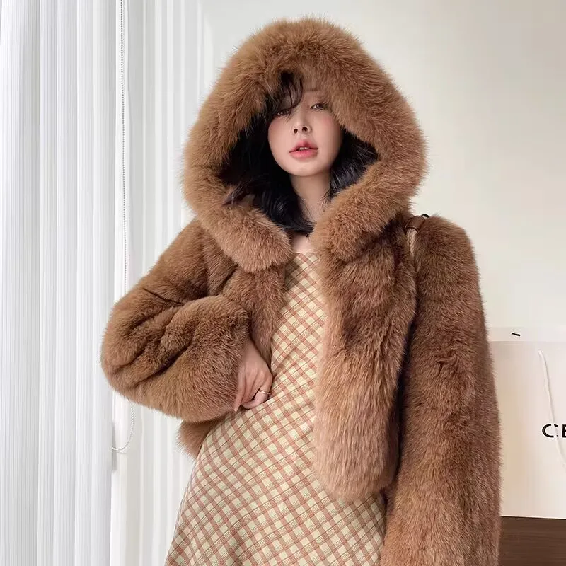 Imported fox fur whole skin whole board teddy bear short style thickened warm fur coat casual hooded fashionable and young style