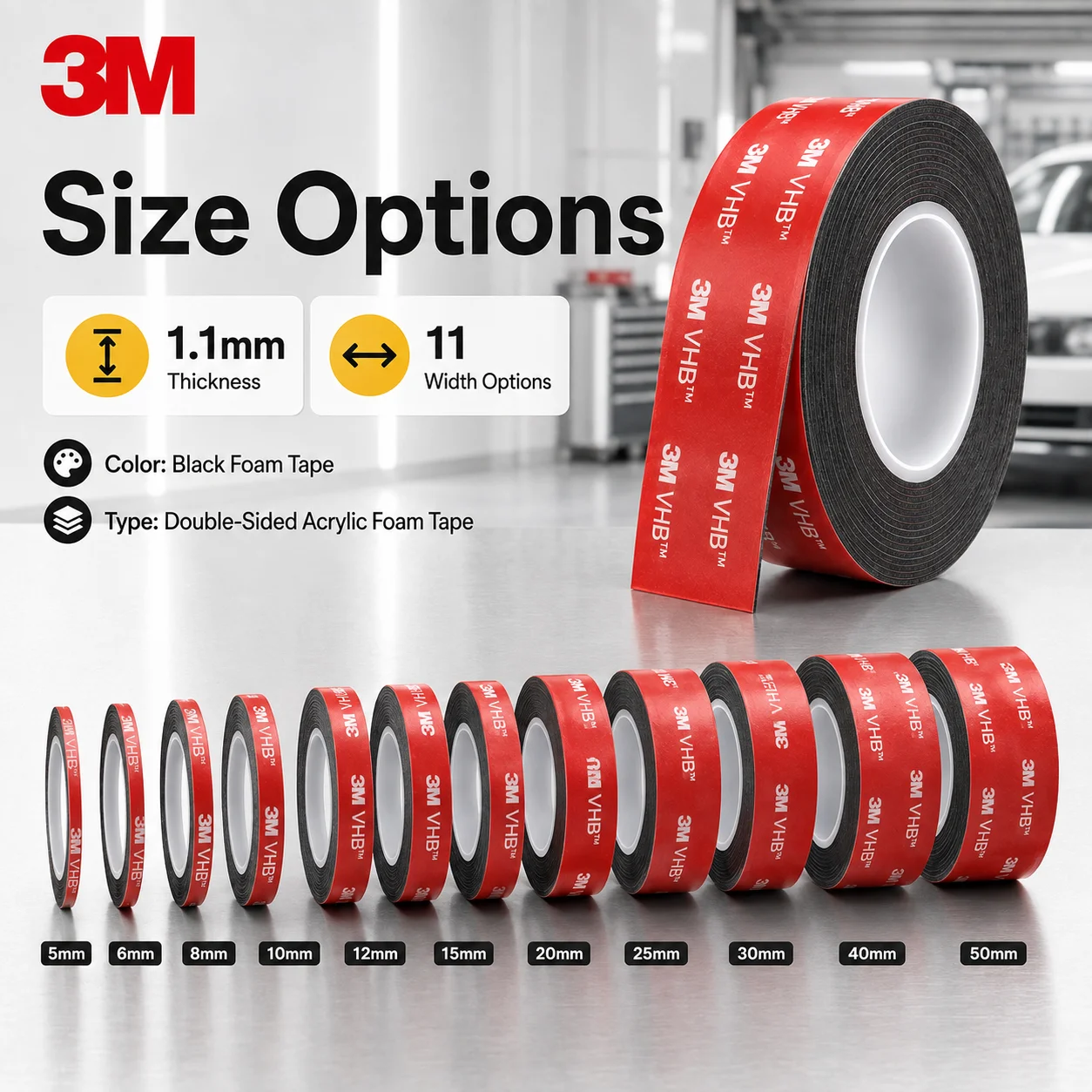 Original 3M 5952 VHB Double Sided Tape Strong Adhesive Foam Tape 1.1mm Thickness Waterproof Heat Resistant for Car Mounting image 5