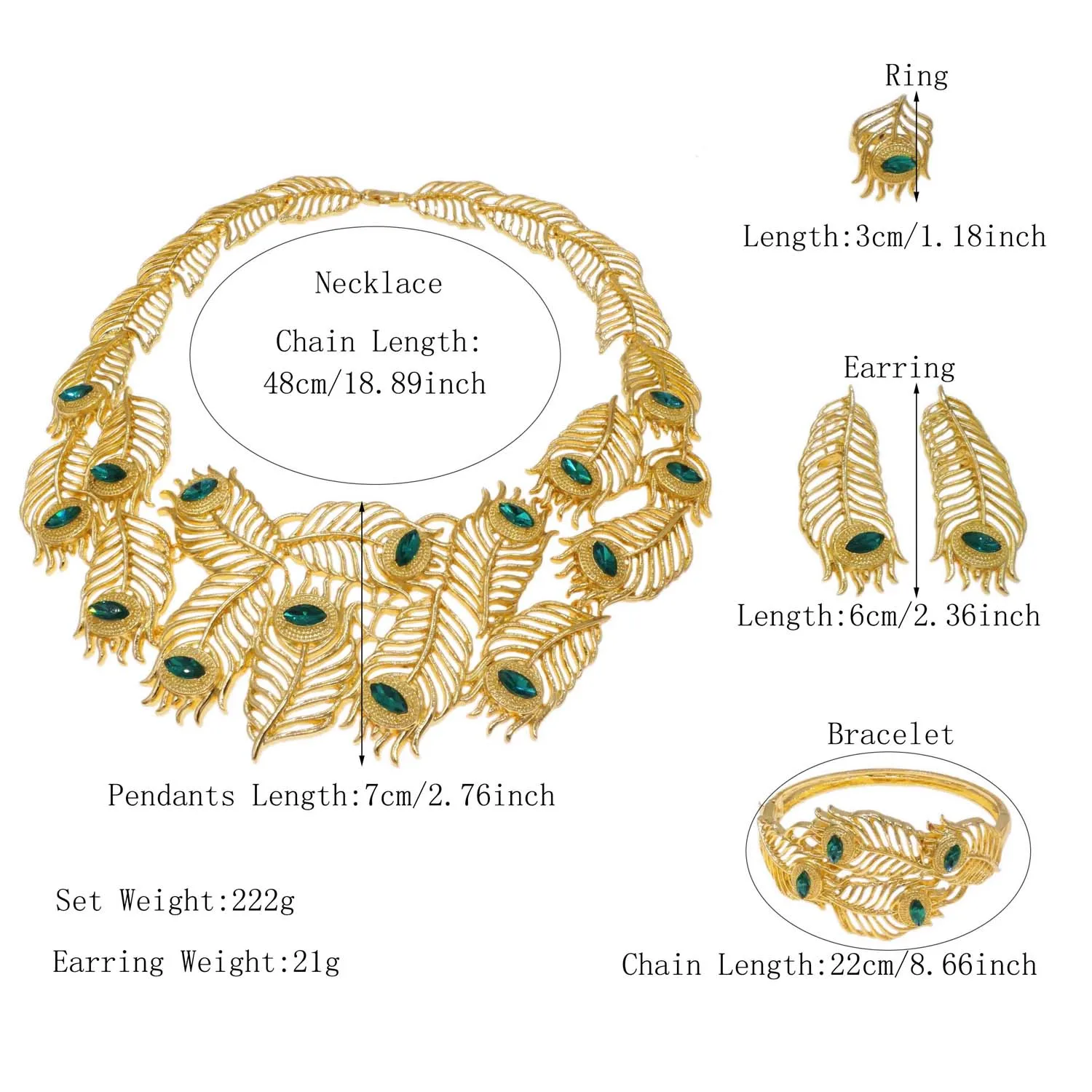 Women Jewelry Sets Feather Green Necklace Earrings Bangle Bracelets Ring Christmas Lovely Gift