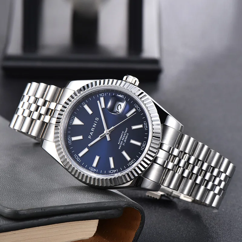 New Fashion Parnis 39.5mm Blue Dial Mechanical Automatic Men\'s Watches Stainless Steel Bracelet Calendar Men Watch reloj hombre