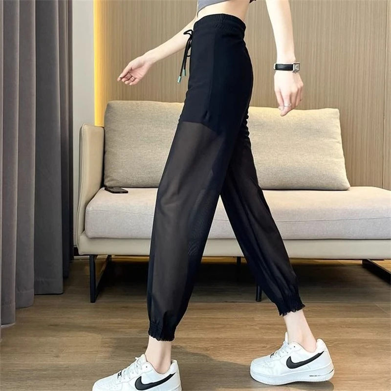 Women Clothes Summer Trendy Sexy Mesh See Through Ice Silk Harem Pants Female High Waist Sports Thin Trousers Casual Pantalones