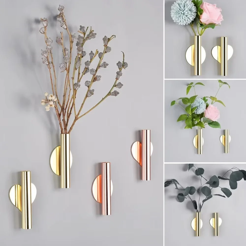 1Pcs Creative Wall Mounted Rose Golden Flower Vase Wall Holder Fake Flower Pot Wedding Wall Mirror Vase Home Wall Accessories