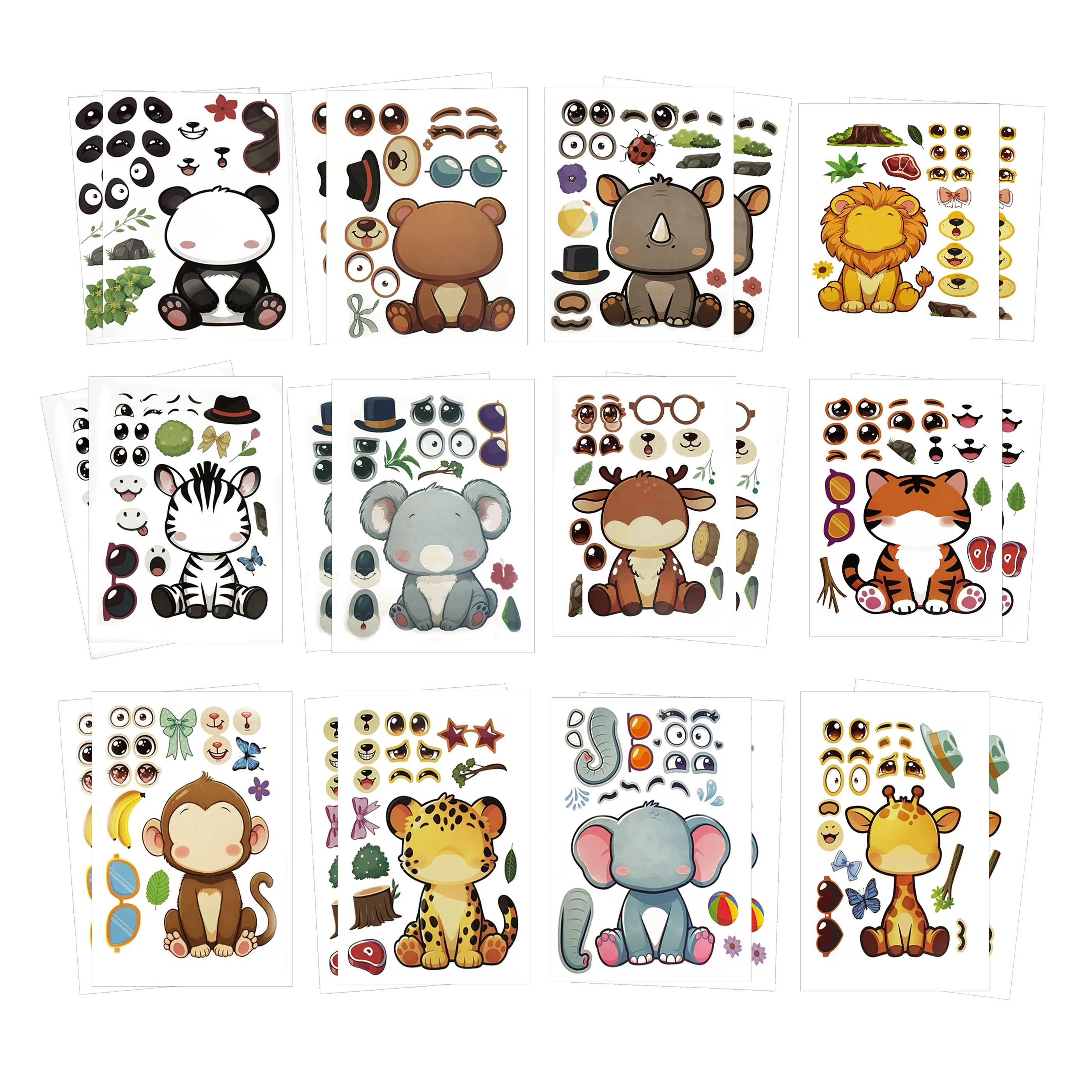 12/24 Pcs Animal-Themed Creative Sticker Set, Animal Expression Collage Toys, Interactive Educational Craft Materials, Farm Animal Face-Changing Stickers, DIY Craft Stickers, Educational Creative Expression Sticker Pack