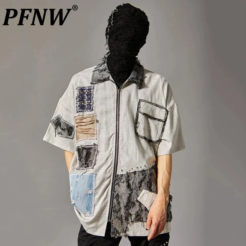 PFNW Niche Design Men's Shirts Patchwork Contrast Color Turn-down Collar Short Sleeve Pockets New Streetwear Male Tops 12C775