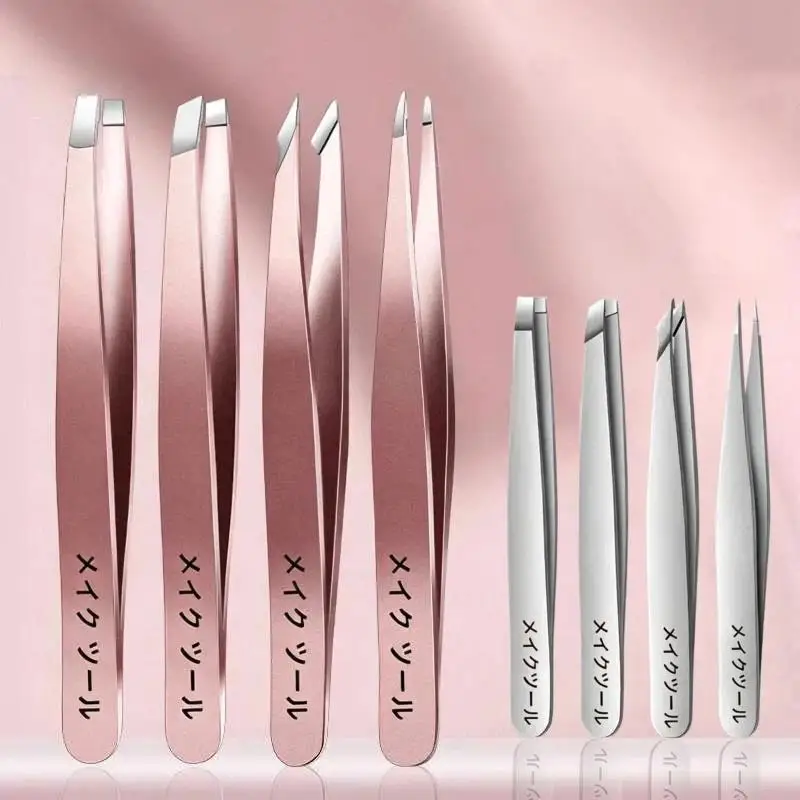 4Pcs Precision Eyebrow Tweezers Set Stainless Steel Hair Removal Splinter Extractor Tool for Home Beauty Salon Use
