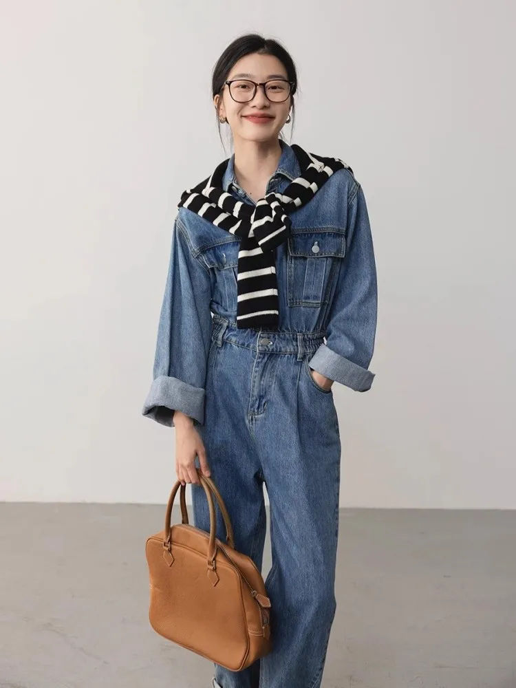 Washed Denim Workwear Jumpsuit Women'S 2024 Autumn New Retro Collar High Waisted Straight Leg Jumpsuit Pants