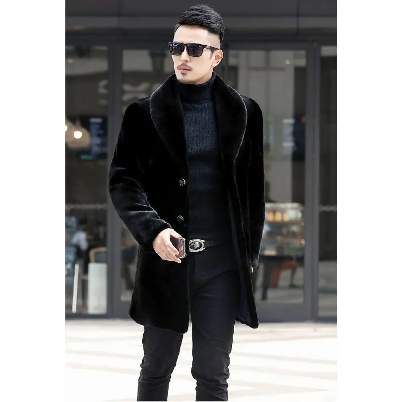 Winter Mid Length Fur Jacket Men Coat Long Sleeve Single-breasted Faux Fur Coat Windbreaker Windproof Thick Pockets Snow Clothes