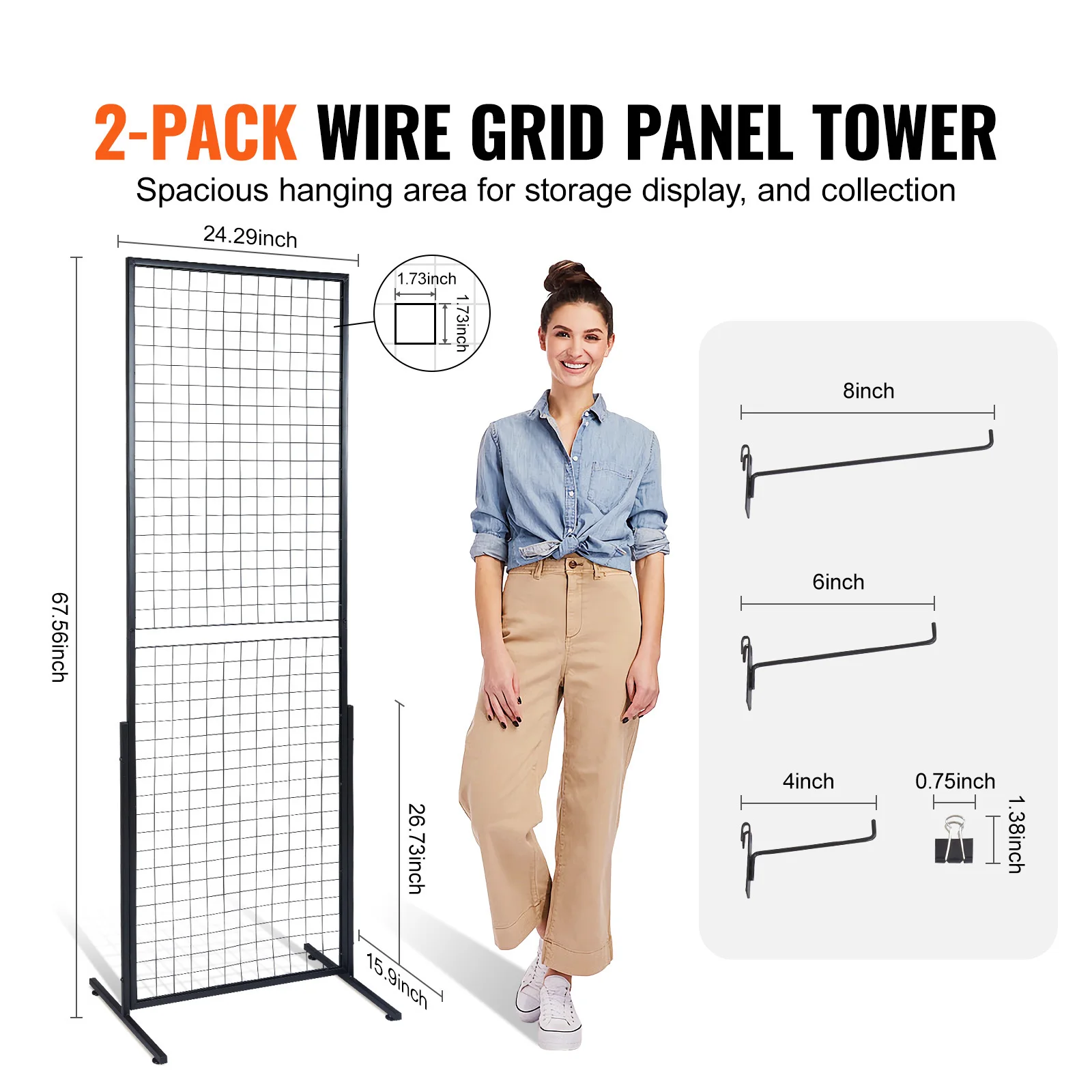 2' X 5.6' Grid Wall Panels Tower, 2 Packs Wire Gridwall Display Racks With T-Base Floorstanding, Double Side Gridwall Panels