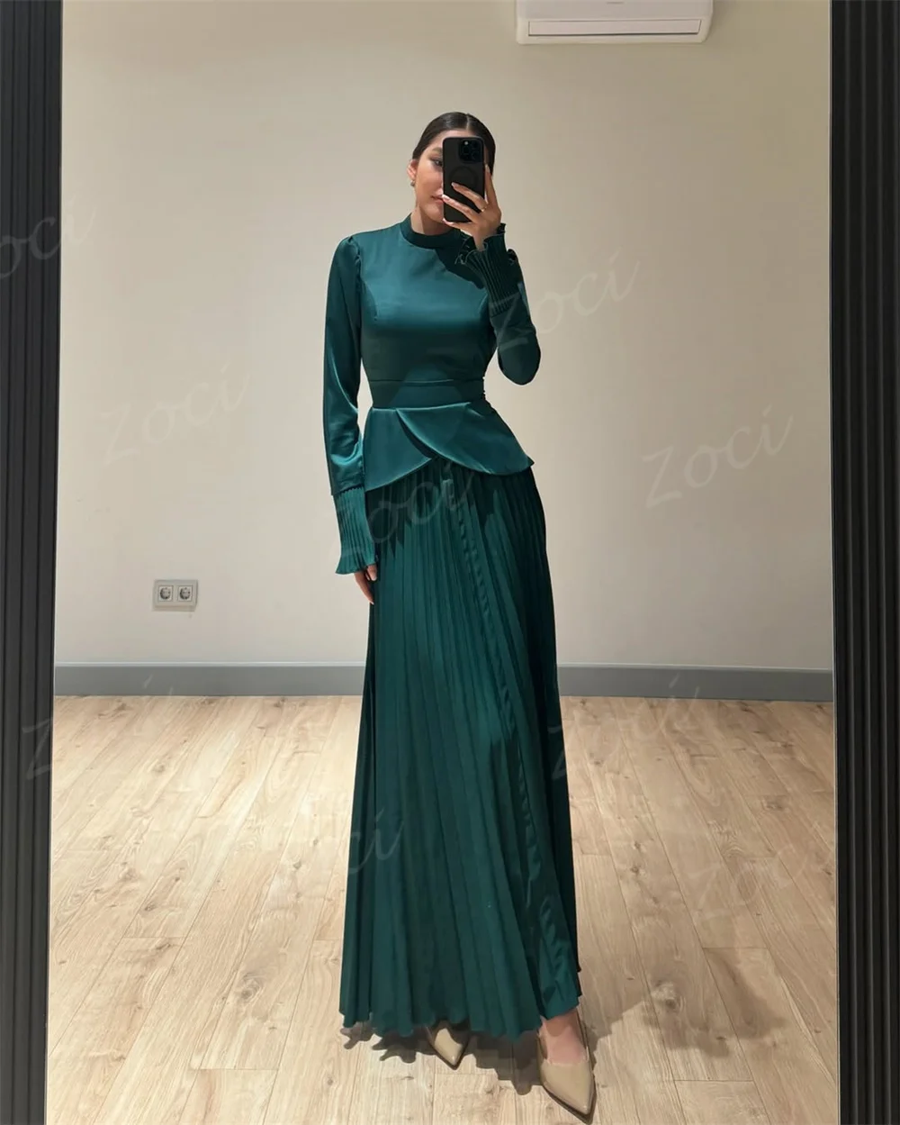 Zoci-vestidos de fiesta largos modestos, cuello alto, plisados personalizados, gasa, manga larga, vestido de noche Formal, traje de línea A, vestido de fiesta 2025