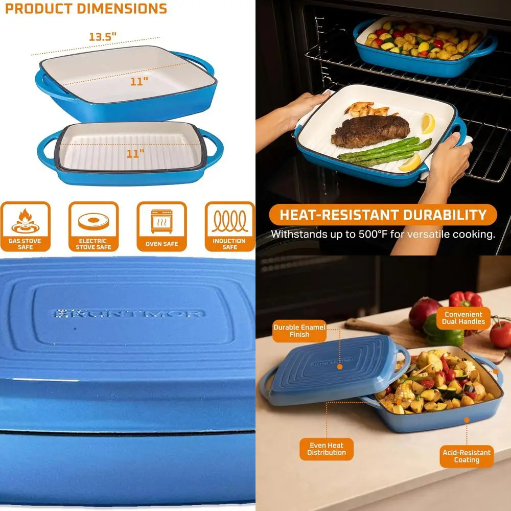 

Эмалированная чугунная кастрюля 2-в-1 с крышкой и сковородой-грилем для выпечки, тушения, гриля — прочный универсальный набор посуды