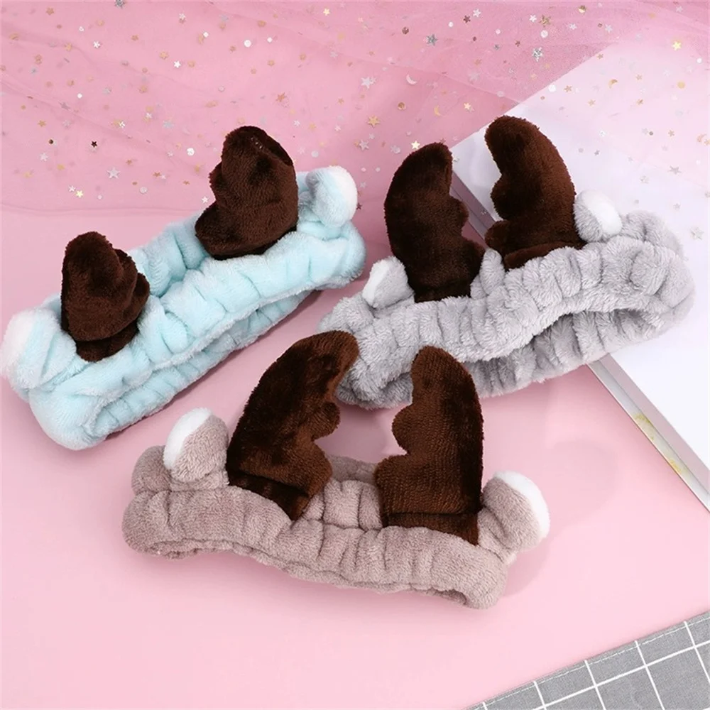 Cute Antler Wash Face Makeup Hairbands Soft Flannel Animal Horns Headband for Women Girls Plush Elastic Hair Turban Dropshipping