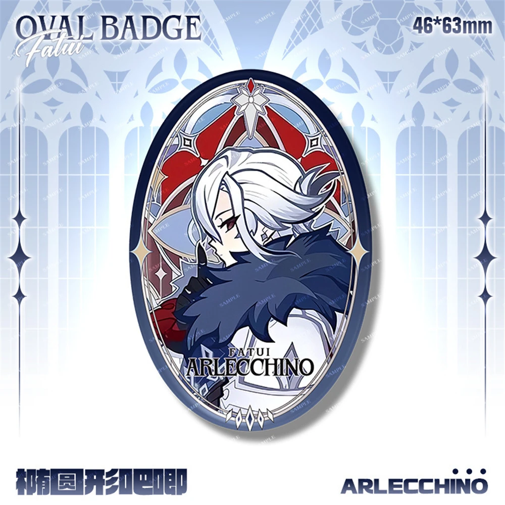 Game Genshin Impact Fatui Pierro Arlecchino Wanderer Zandik Cosplay Costume Badge Pin SPTE Tinplate Ellipse Brooch Prop Gift