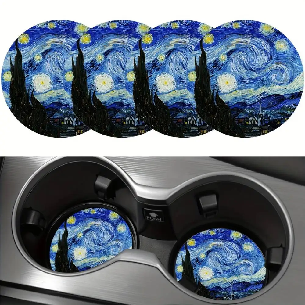 Van Gogh Starry Sky EVA Rubber Car Coasters 4pcs 2.75-Inch Round 5Mm Beverage Mats Home & Car Stocking Stuffers