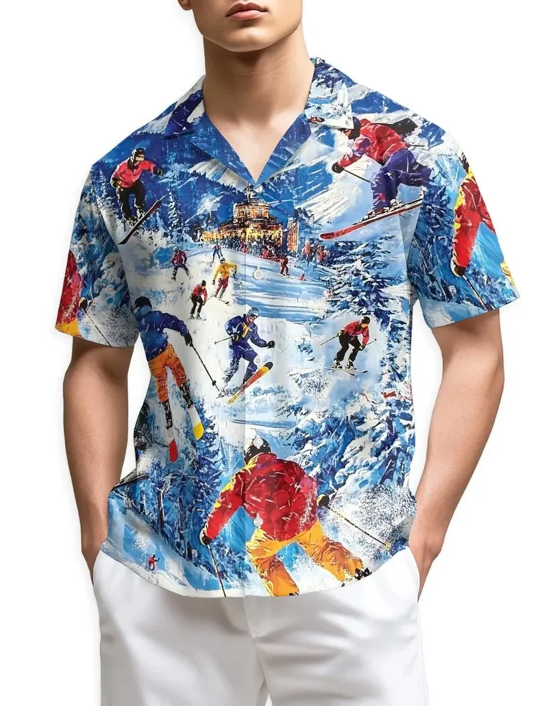

Подарок для любителей лыж: мужская гавайская рубашка с коротким рукавом, с принтом горных лыж, на пуговицах, для праздничных вечеринок после катания на лыжах.