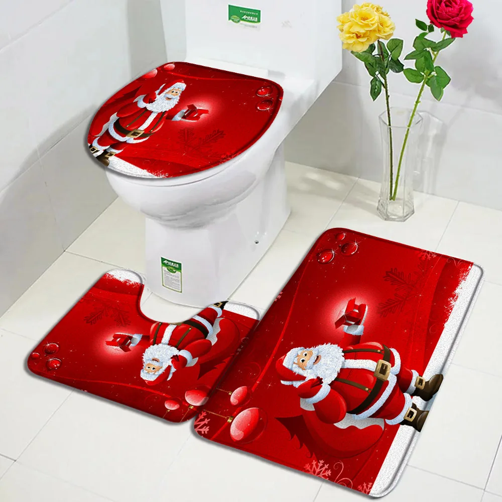 Christmas Bath Mat Set Santa Clause Elk Xmas Ball Star Snowflake Red New Year Home Bathroom Decor Carpet Non-Slip Rug Toilet Lid