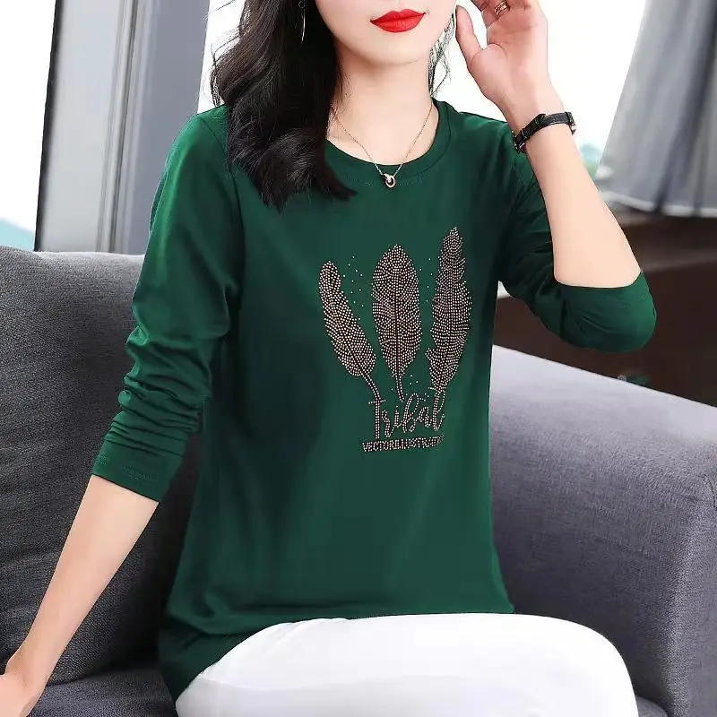 Rhinestone Green Woman T-shirt Tshirt 2024 Clothing Top For Women Graphic Glitter Sequin Offer Stylish New In Kpop Xxl Tee