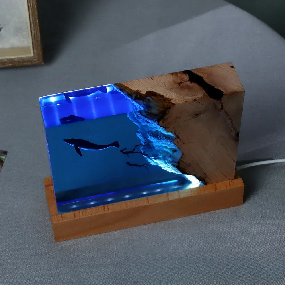 Ocean Micro Landscape Epoxy Resin Night Light Solid Wood Desktop Ornament Crafts