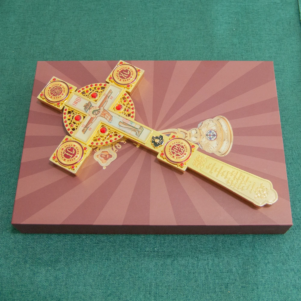 

New Orthodox Church Cross Pastor Father Handheld Cross Prayer With Jesus Crucifix Gold Planting Crystal Cross Religious BoxGift