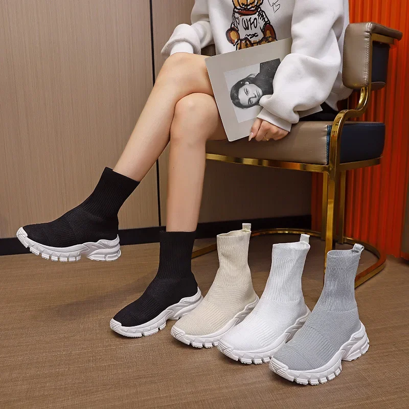 Knit Socks Boots Women Fashion Boots Sports Platform Shoes Chelsea Slip-on Casual Shoes Woman 2022 New Ladies Loafers Sneakers