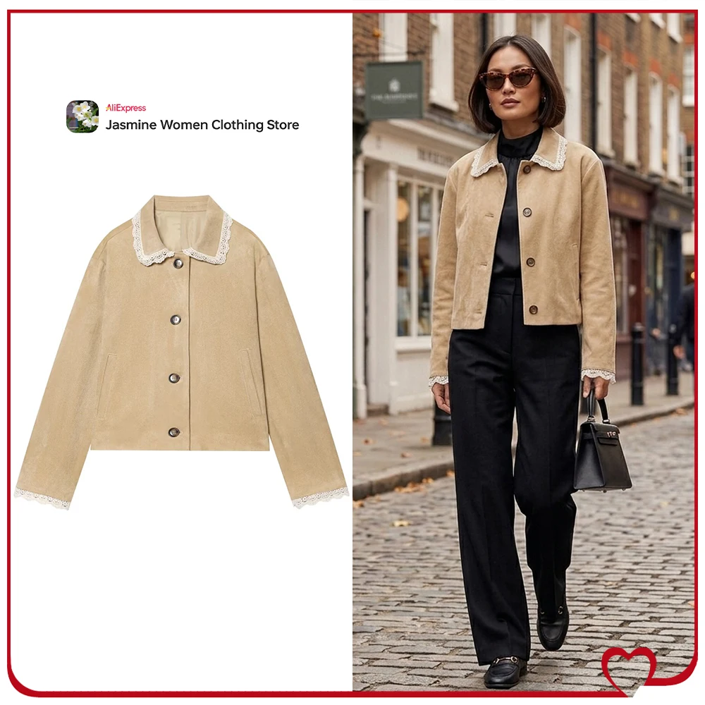 

Elegant Chic Faux Suede Jackets for Women Spring & Autumn Lapel Collar Long Sleeve Jackets with Crochet Combined Fabric Finishes