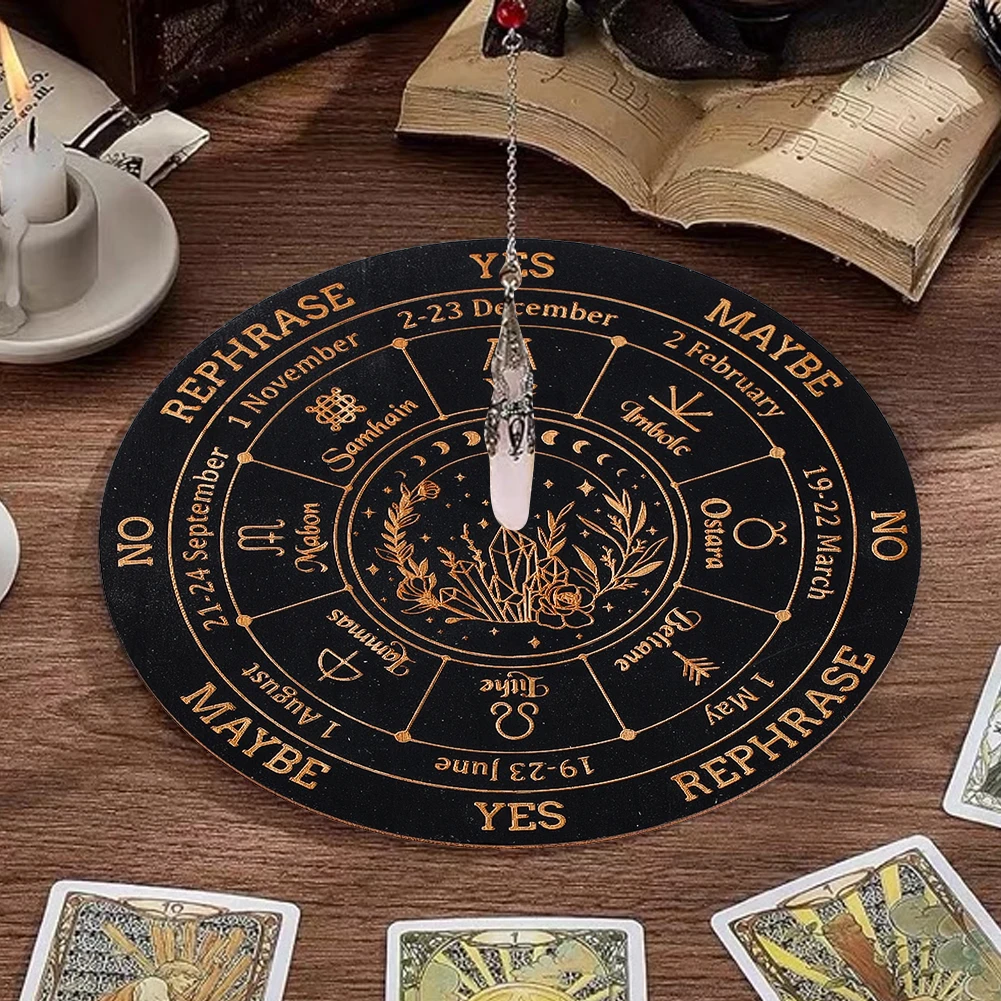 15cm Circular Black Gold Zodiac Crystal Pattern Decorative Panel English Alphabet Tarot Card Meditation Divination Board Coaster