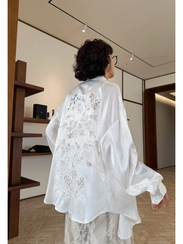 

Lace Trim Lazy Shirt A201 Women's Loose Fit Long Sleeve Neck Mid-Length Acetate Fiber Casual Shirt for plus Size