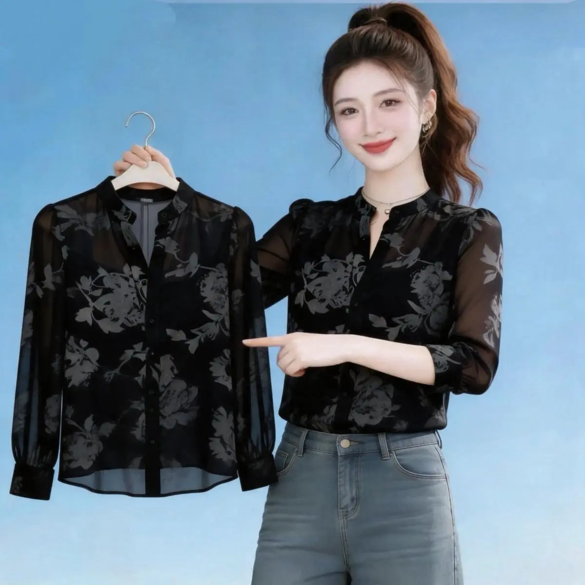 Black Mesh Thin Long Sleeve Shirt Women Summer New Style High Sensation Nature Base Sunscreen Top French Style Loose Fit