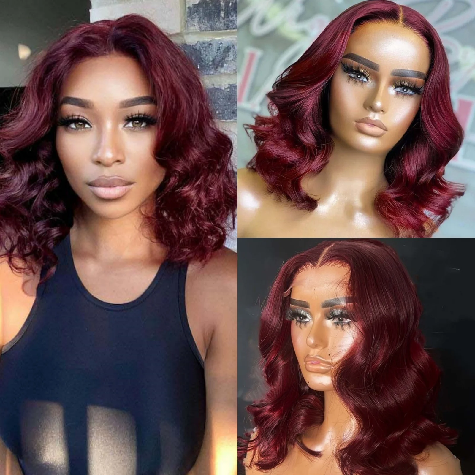 Short Burgundy Wigs for Women Synthetic Hair Shoulder Length Bob Curly Wavy Dark Red Colored 13X4 Frontal Red Lace Front Wig