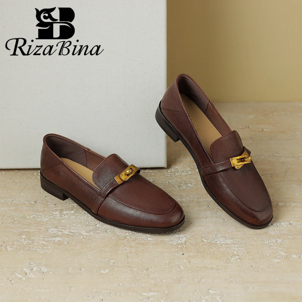 

RIZABINA New Women Penny Loafers Real Leather Pointed Toe Retro Mental Buckle Decoration Flat Loafers Female Slip On Daily Shoes