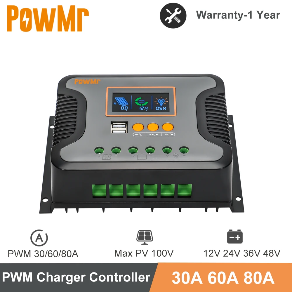 controlador de carga solar pwm 60a 80a max pv 100vdc 12v 24v 36v 48v regulador inteligente de bateria automatica para painel solar display lcd 01