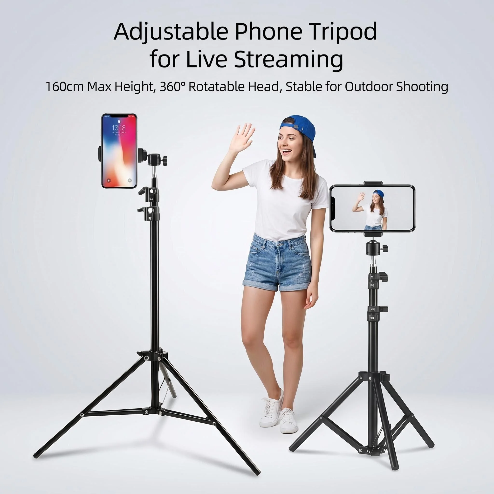 

Metal Lightweight Floor Tripod 160 cm Mobile Phone Stand with Phone Holder, Suitable for Photography Studio Soft Light Box, Video