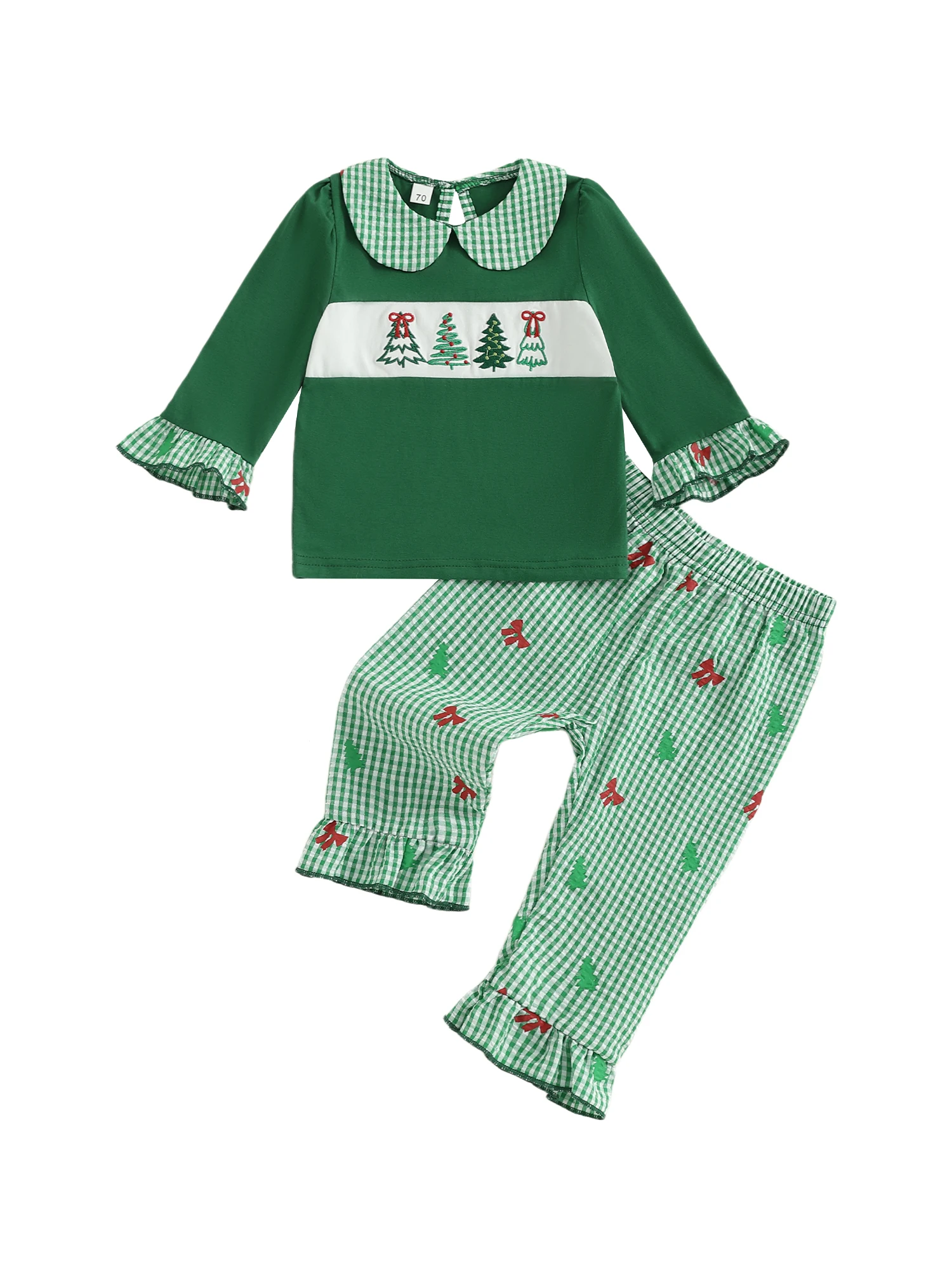 

Adorable Infant Girl Winter Outfit with Bow Detail and Plaid Ruffle Pants - Festive 2 Piece Set for Christmas
