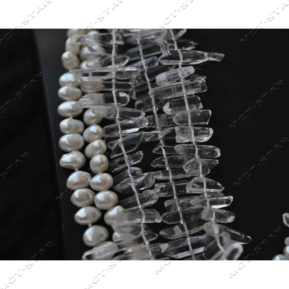 

MTC·STAR 5Strands 19" 100% Natural Clean Crystal Column White Baroque Pearl Necklace Handmade Knot Clasp ( )