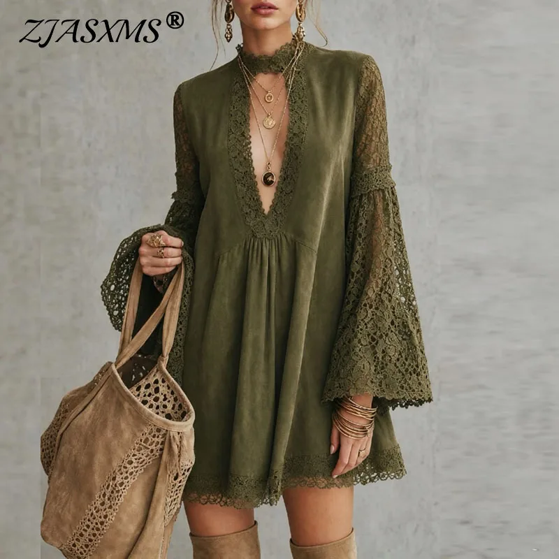 Lace Patchwork Boho Dress Women High Ruffle Collar Deep V Neck Bell Long Sleeve Mini Dress Faux Suede Loose A Line Vintage Dress