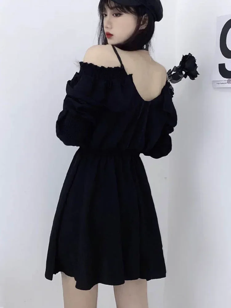 2024 Large Size Gothic Women Black Mini Dress Sexy Off Shoulder High Waist Tunic Ladies Party Dress Long Sleeve V Neck Vestidos