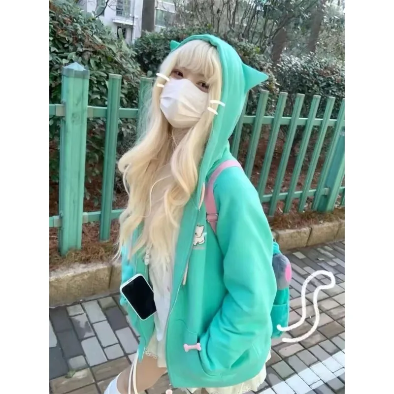

Милая тонкая спортивная куртка с капюшоном, японские пальто Kawaii, женские топы Y2k, толстовки, шорты, субкультура, повседневная одежда